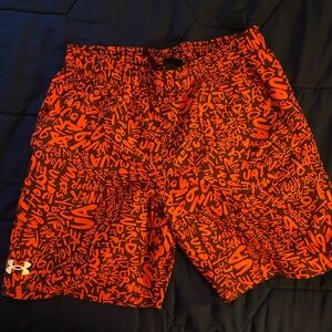 Under Armour Orange and Black Graffiti-Print Athletic Shorts